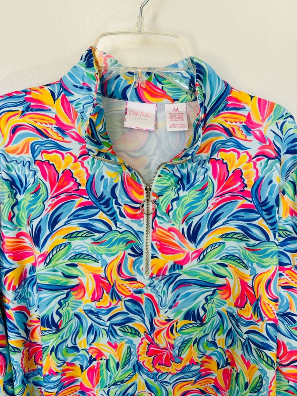 Stella Parker 1/4 Quarter Zip Blue Green, Red Yellow Multicolor Floral Pullover